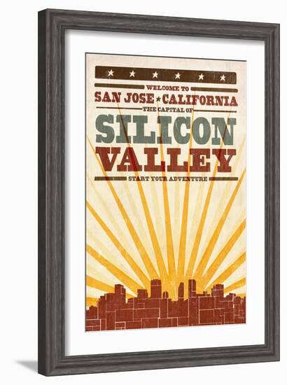 San Jose, California - Skyline and Sunburst Screenprint Style-Lantern Press-Framed Art Print