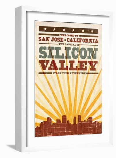 San Jose, California - Skyline and Sunburst Screenprint Style-Lantern Press-Framed Art Print