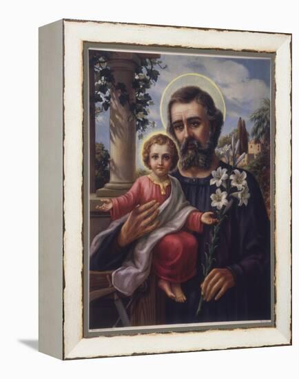 San Jose (Saint Joseph) Holds His Son in One Hand a Lily Stem in the Other-null-Framed Premier Image Canvas