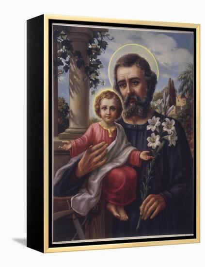 San Jose (Saint Joseph) Holds His Son in One Hand a Lily Stem in the Other-null-Framed Premier Image Canvas