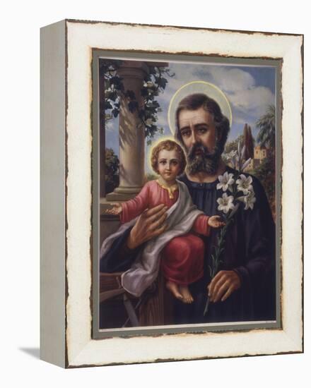 San Jose (Saint Joseph) Holds His Son in One Hand a Lily Stem in the Other-null-Framed Premier Image Canvas