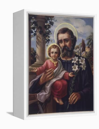 San Jose (Saint Joseph) Holds His Son in One Hand a Lily Stem in the Other-null-Framed Premier Image Canvas