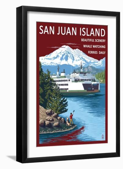 San Juan Island - Boy Waving at Ferry-Lantern Press-Framed Art Print