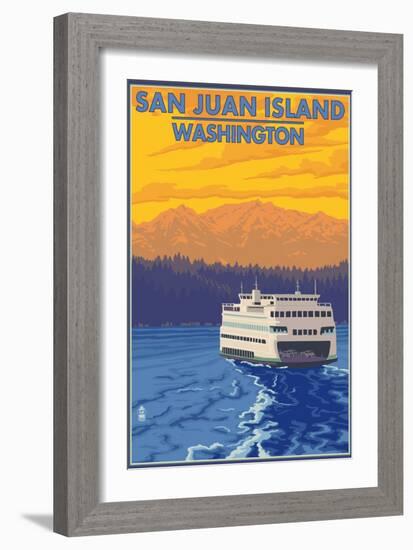 San Juan Island, Washington - Ferry and Mountains-Lantern Press-Framed Art Print