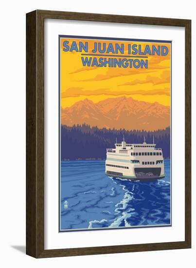 San Juan Island, Washington - Ferry and Mountains-Lantern Press-Framed Art Print