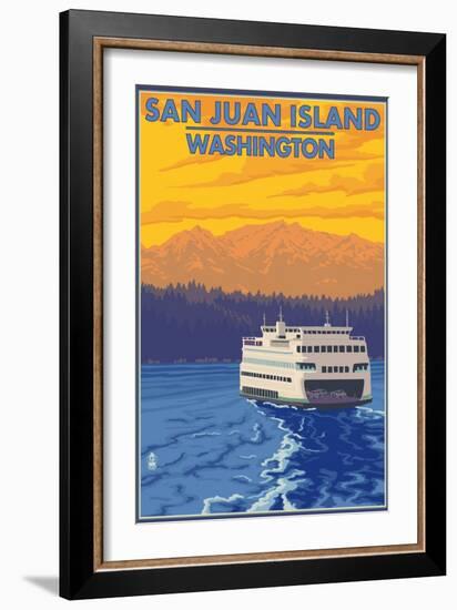 San Juan Island, Washington - Ferry and Mountains-Lantern Press-Framed Art Print