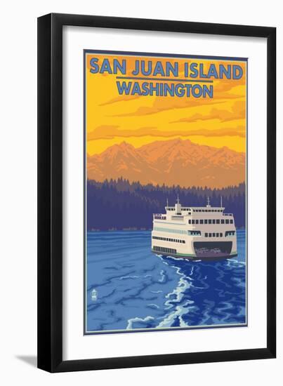 San Juan Island, Washington - Ferry and Mountains-Lantern Press-Framed Art Print