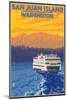 San Juan Island, Washington - Ferry and Mountains-Lantern Press-Mounted Art Print