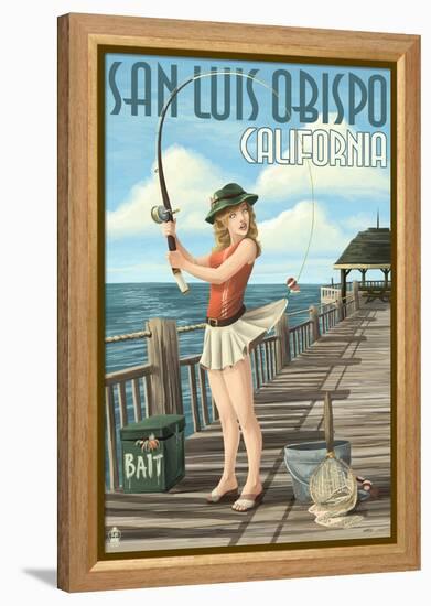 San Luis Obispo, California - Pinup Girl Fishing-Lantern Press-Framed Stretched Canvas