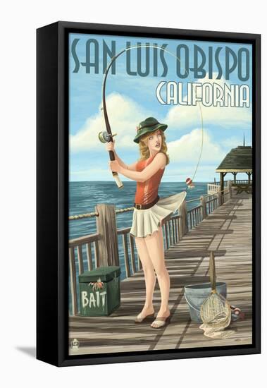 San Luis Obispo, California - Pinup Girl Fishing-Lantern Press-Framed Stretched Canvas