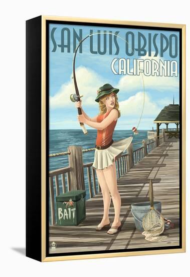 San Luis Obispo, California - Pinup Girl Fishing-Lantern Press-Framed Stretched Canvas