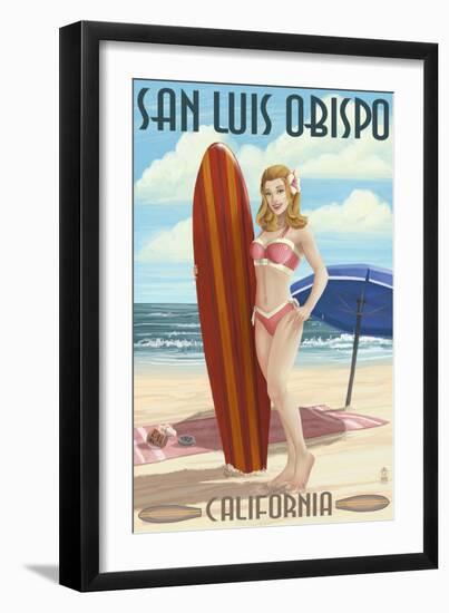 San Luis Obispo, California - Surfer Pinup Girl-Lantern Press-Framed Art Print