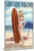 San Luis Obispo, California - Surfer Pinup Girl-Lantern Press-Mounted Art Print