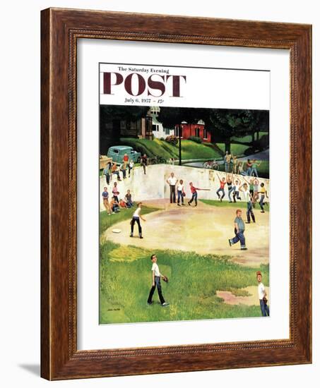 "Sandlot Homerun" Saturday Evening Post Cover, July 6, 1957-John Falter-Framed Giclee Print