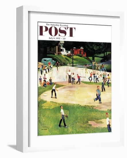 "Sandlot Homerun" Saturday Evening Post Cover, July 6, 1957-John Falter-Framed Giclee Print