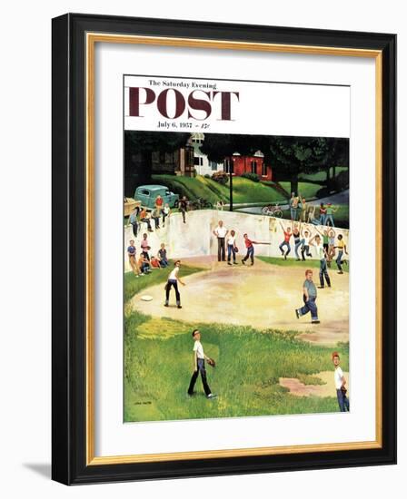 "Sandlot Homerun" Saturday Evening Post Cover, July 6, 1957-John Falter-Framed Giclee Print