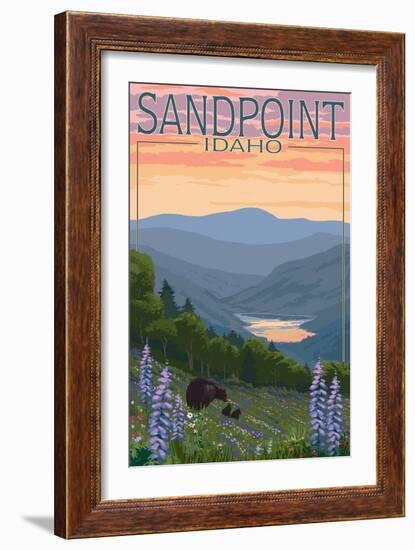 Sandpoint, Idaho - Bears and Spring Flowers-Lantern Press-Framed Art Print