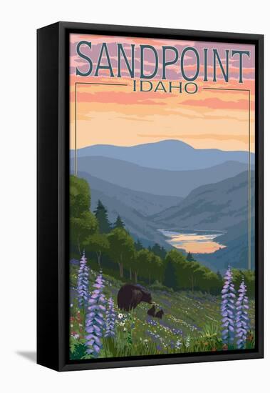 Sandpoint, Idaho - Bears and Spring Flowers-Lantern Press-Framed Stretched Canvas