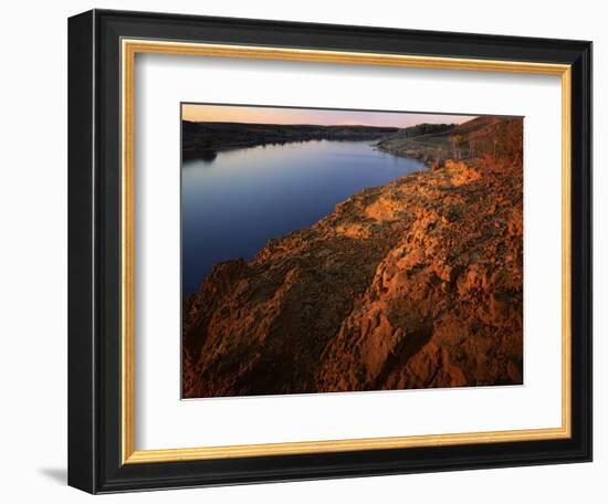 Sandstone bluff at sunset along Kanopolis Lake, Kanopolis State Park, Kansas, USA-Charles Gurche-Framed Photographic Print