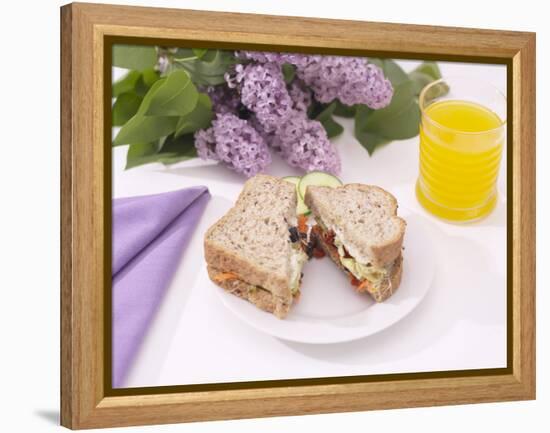 Sandwich and Juice on Table with Purple Flowers-null-Framed Premier Image Canvas