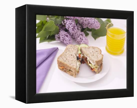 Sandwich and Juice on Table with Purple Flowers-null-Framed Premier Image Canvas