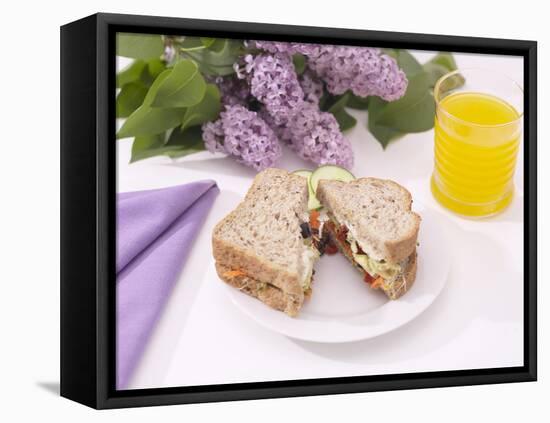 Sandwich and Juice on Table with Purple Flowers-null-Framed Premier Image Canvas