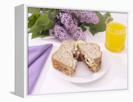 Sandwich and Juice on Table with Purple Flowers-null-Framed Premier Image Canvas