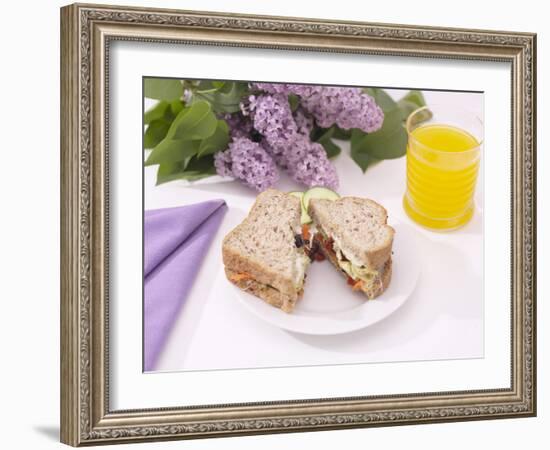 Sandwich and Juice on Table with Purple Flowers-null-Framed Photographic Print