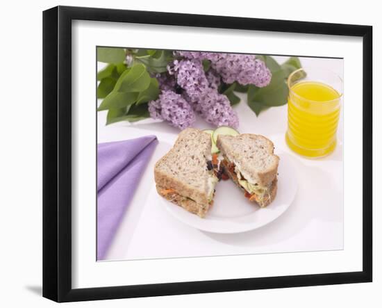 Sandwich and Juice on Table with Purple Flowers-null-Framed Photographic Print