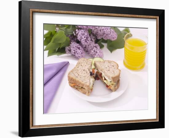 Sandwich and Juice on Table with Purple Flowers-null-Framed Photographic Print