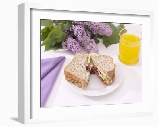 Sandwich and Juice on Table with Purple Flowers-null-Framed Photographic Print