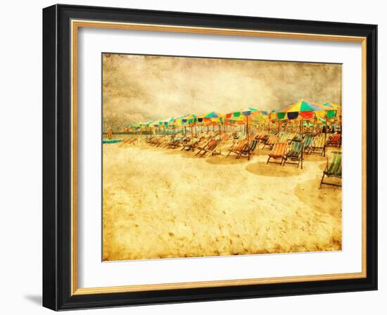 Sandy Tropical Beach in Grunge and Retro Style.-Elenamiv-Framed Art Print