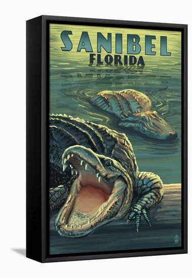 Sanibel, Florida - Alligators-Lantern Press-Framed Stretched Canvas