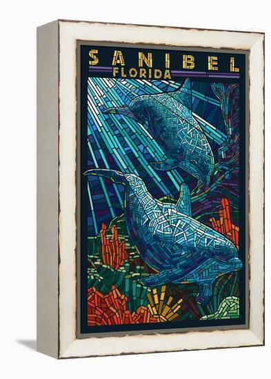 Sanibel, Florida - Dolphins Paper Mosaic-Lantern Press-Framed Stretched Canvas