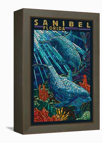 Sanibel, Florida - Dolphins Paper Mosaic-Lantern Press-Framed Stretched Canvas