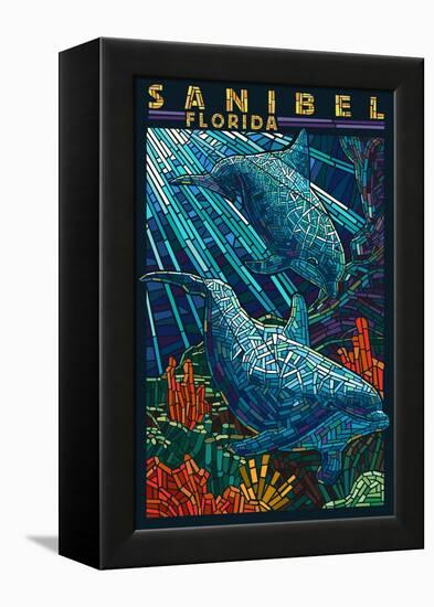 Sanibel, Florida - Dolphins Paper Mosaic-Lantern Press-Framed Stretched Canvas