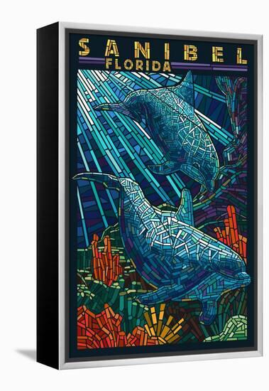 Sanibel, Florida - Dolphins Paper Mosaic-Lantern Press-Framed Stretched Canvas