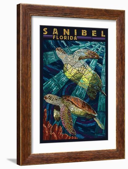 Sanibel, Florida - Sea Turtle Paper Mosaic-Lantern Press-Framed Art Print