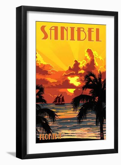 Sanibel, Florida - Sunset and Ship-Lantern Press-Framed Art Print