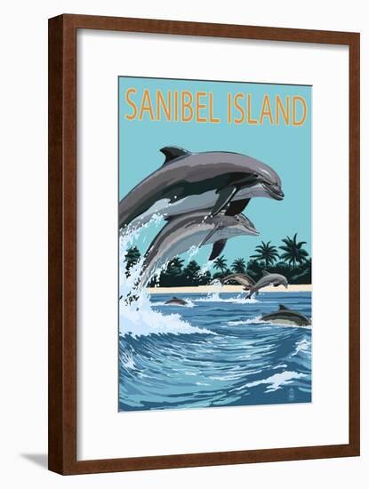 Sanibel Island, Florida - Dolphins Jumping-Lantern Press-Framed Art Print