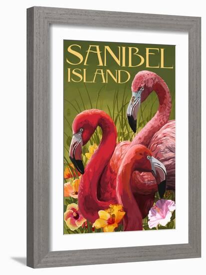 Sanibel Island, Florida - Flamingos-Lantern Press-Framed Premium Giclee Print