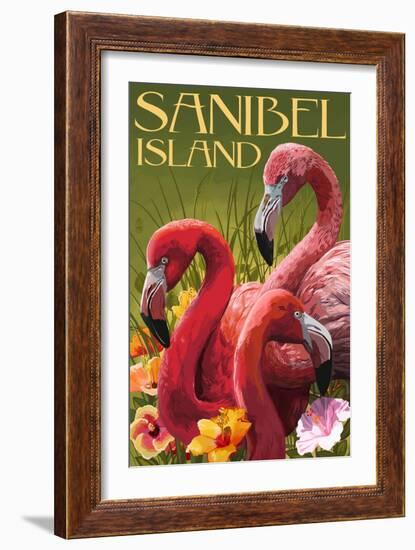 Sanibel Island, Florida - Flamingos-Lantern Press-Framed Premium Giclee Print