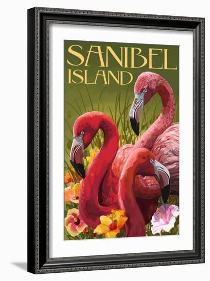 Sanibel Island, Florida - Flamingos-Lantern Press-Framed Premium Giclee Print