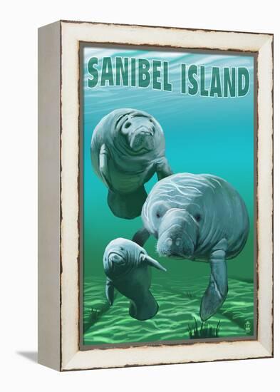 Sanibel Island, Florida - Manatees-Lantern Press-Framed Stretched Canvas