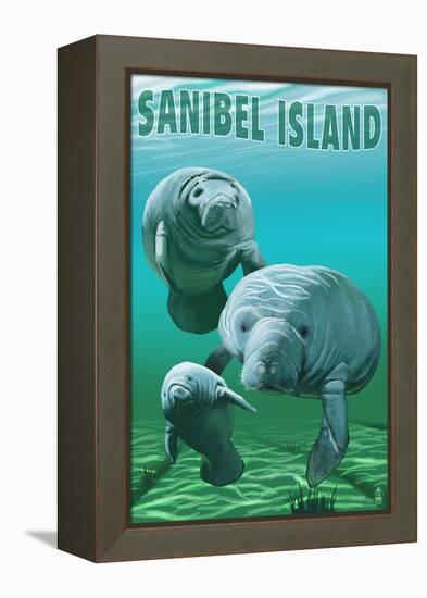 Sanibel Island, Florida - Manatees-Lantern Press-Framed Stretched Canvas