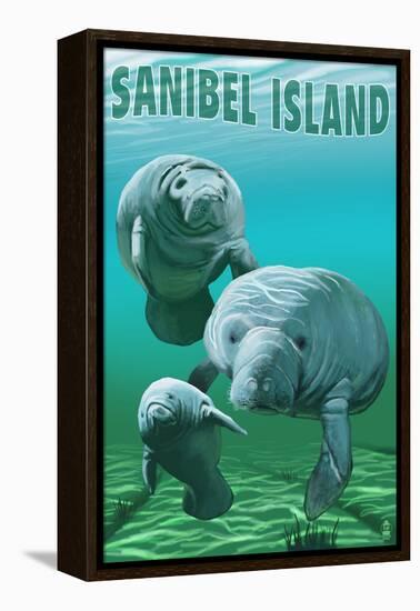 Sanibel Island, Florida - Manatees-Lantern Press-Framed Stretched Canvas