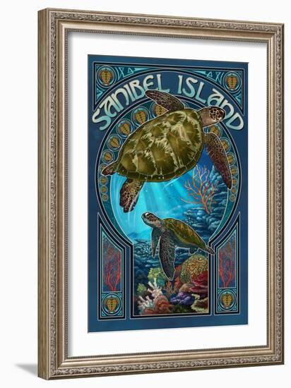 Sanibel Island, Florida - Sea Turtle Art Nouveau-Lantern Press-Framed Premium Giclee Print