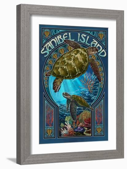 Sanibel Island, Florida - Sea Turtle Art Nouveau-Lantern Press-Framed Premium Giclee Print