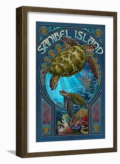 Sanibel Island, Florida - Sea Turtle Art Nouveau-Lantern Press-Framed Premium Giclee Print