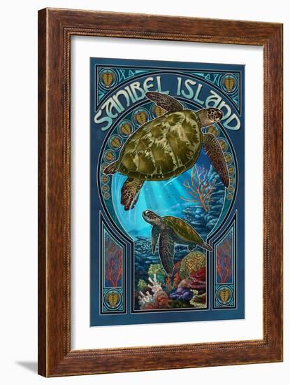 Sanibel Island, Florida - Sea Turtle Art Nouveau-Lantern Press-Framed Premium Giclee Print